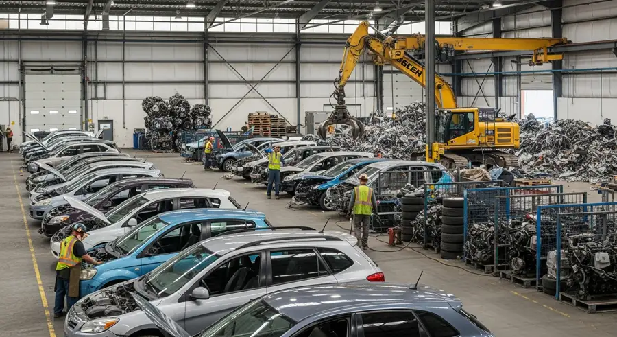 Workers at a BC auto recycling facility dismantling vehicles for eco-friendly scrap metal recovery