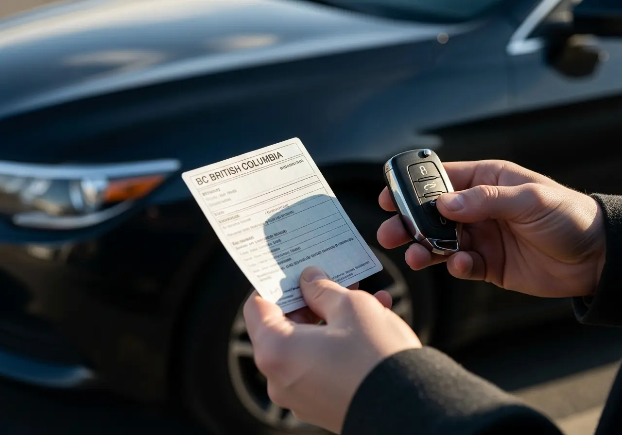 Person holding BC vehicle registration documents and car keys required for a scrap car sale