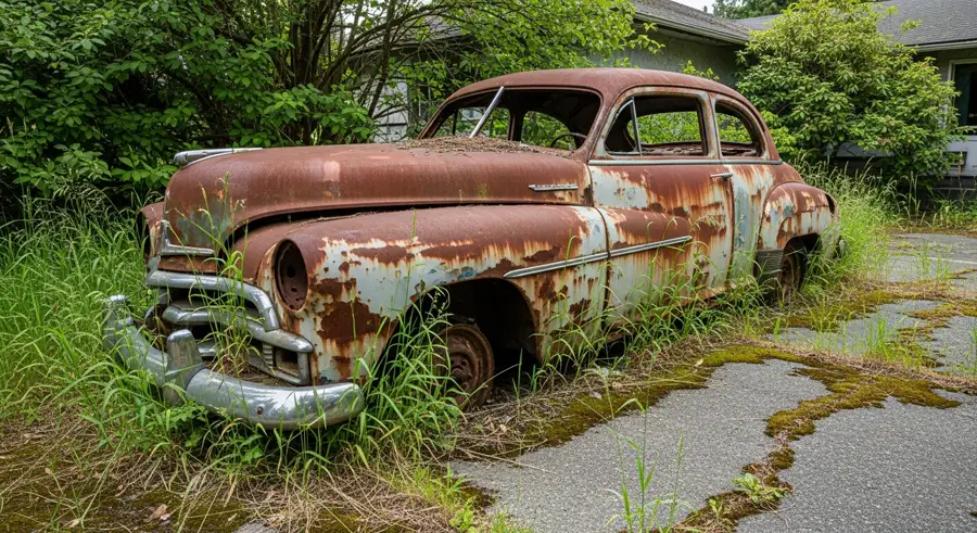 Abandoned rusty junk car sitting in an overgrown residential driveway in British Columbia