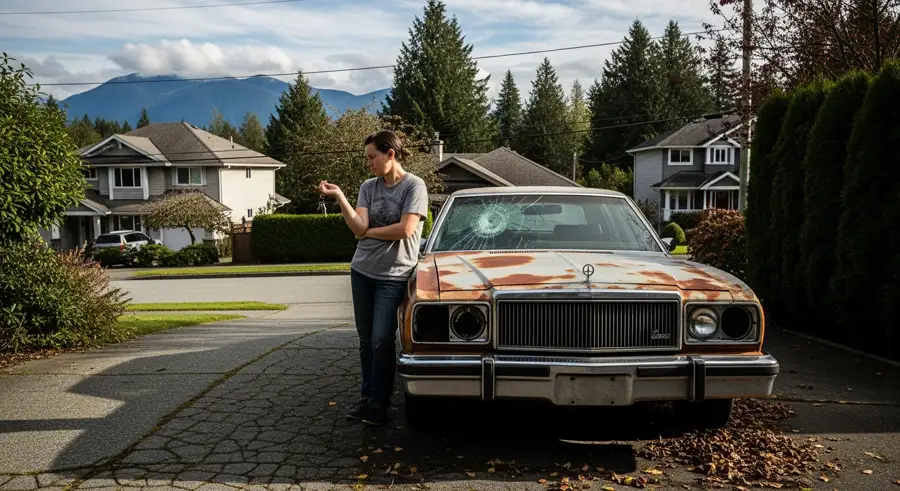 Person assessing the value of a damaged scrap car parked in a BC residential driveway