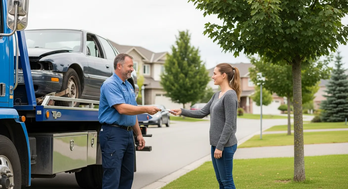 Tow truck driver handing paperwork to a homeowner at the curb after a scrap car removal in Langley