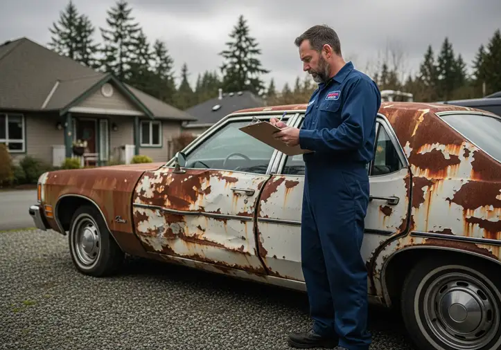 Tow truck driver inspecting a scrap vehicle and writing a quote on a clipboard in BC