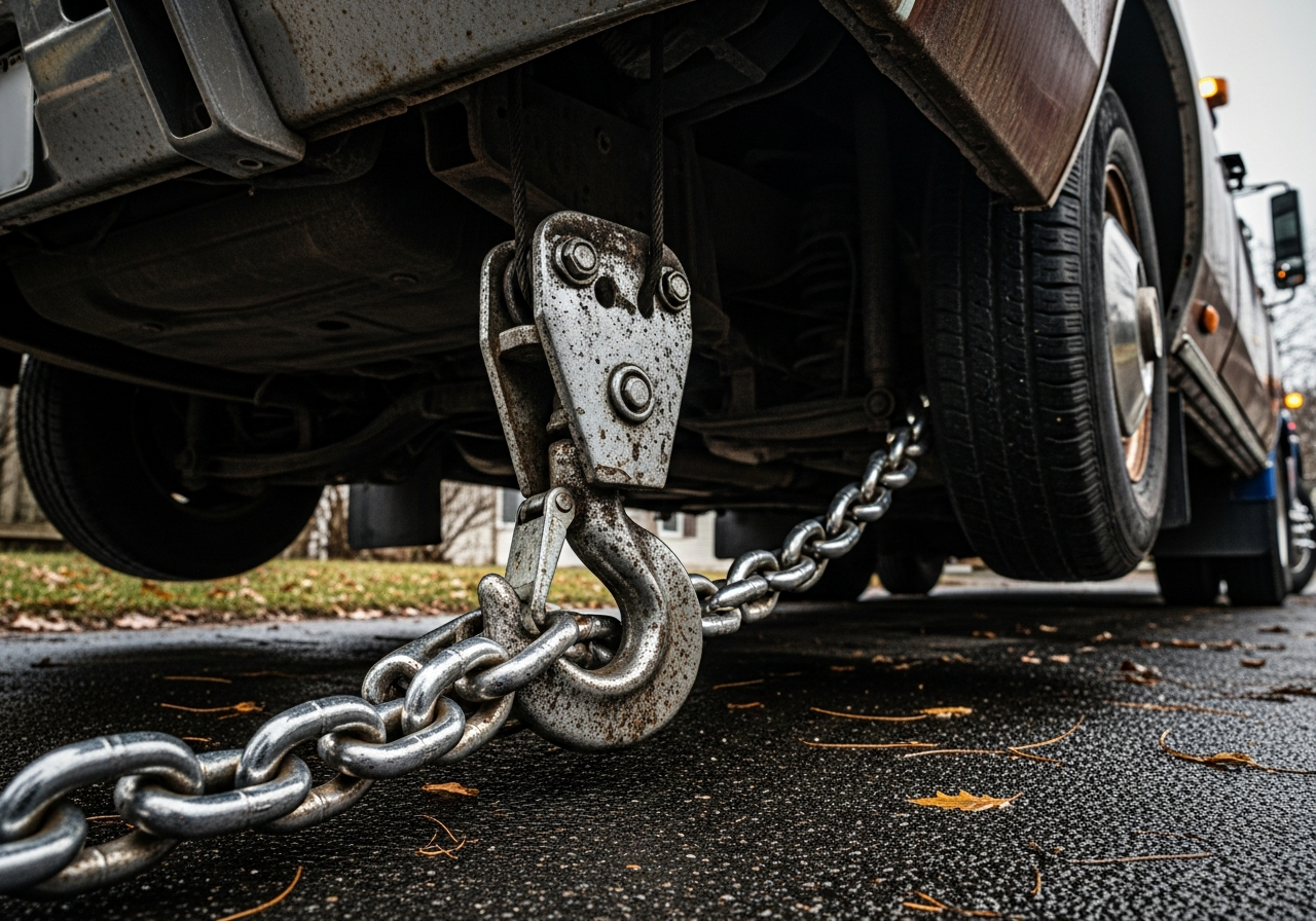 Tow truck hook being secured to junk car during removal process