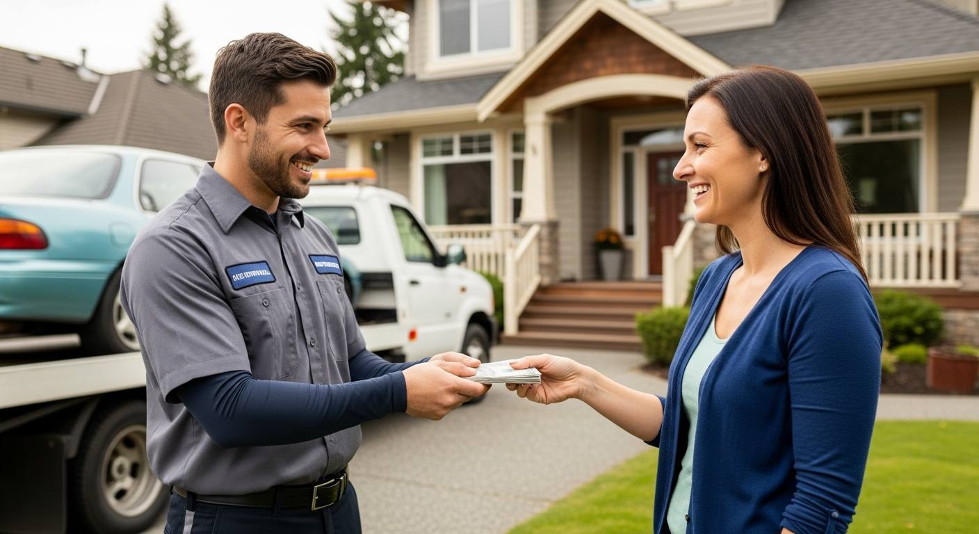 Cash for cars service driver handing payment to satisfied homeowner in Langley BC