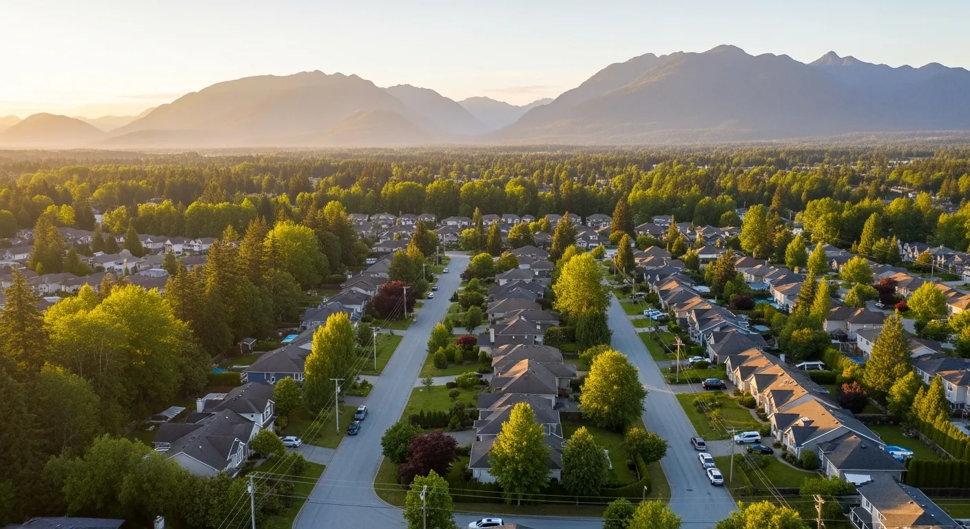 Aerial view of Langley and Fraser Valley BC neighborhood showing residential streets and mountain backdrop