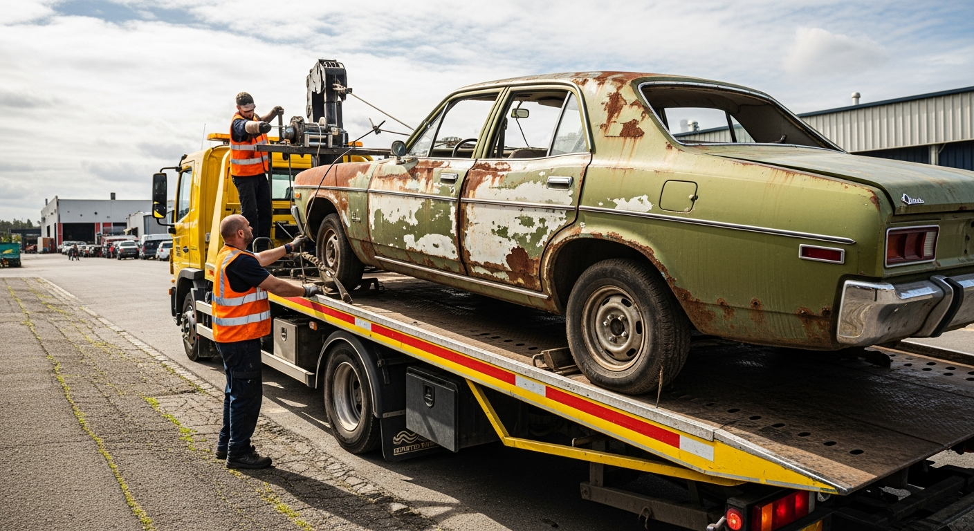 Workers loading old damaged sedan onto flatbed tow truck for scrap car removal