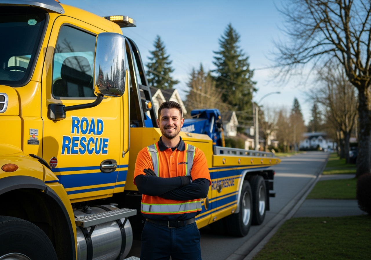 Professional auto removal driver in orange uniform ready for scrap car pickup in BC