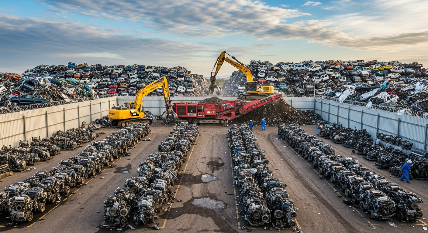 Vehicle recycling facility in BC showing eco-responsible scrap car disposal and metal processing