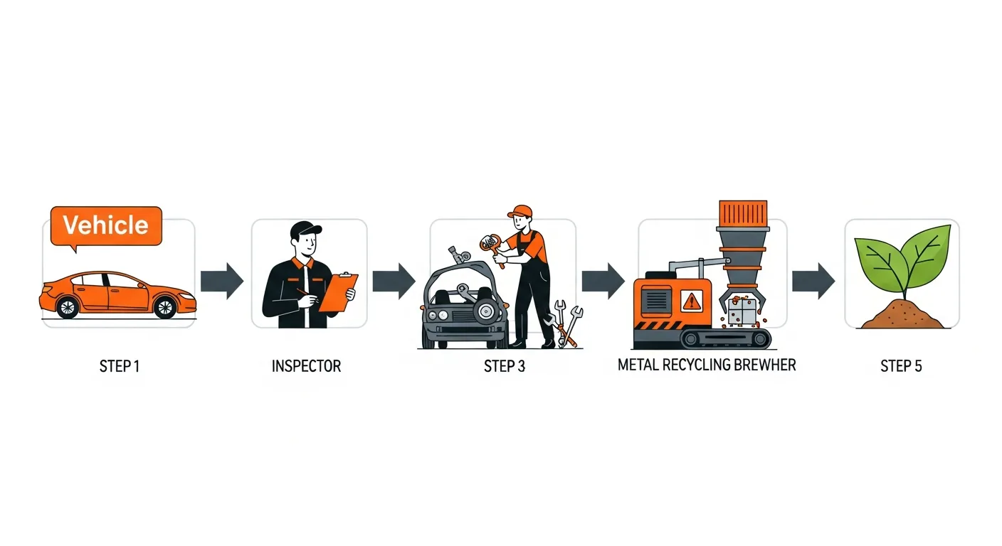 Vehicle recycling process — collection, inspection, parts recovery, metal recycling, responsible disposal