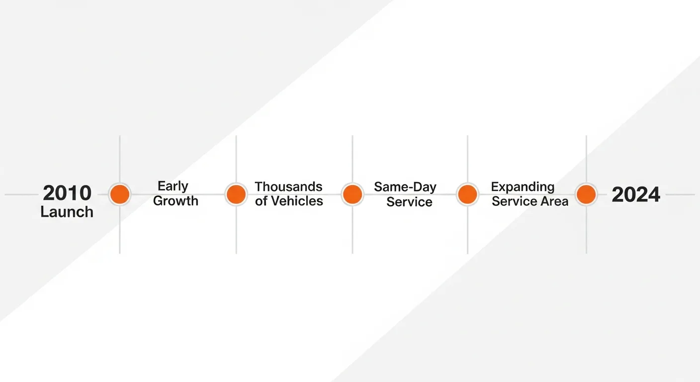 Business timeline from 2010 to today — thousands of vehicles purchased, free towing, same-day pickup, growing service area