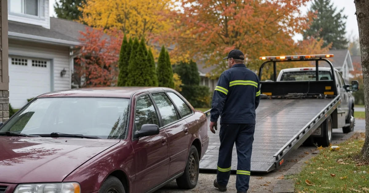 Flatbed tow truck approaching an older sedan with a flat tire on a driveway