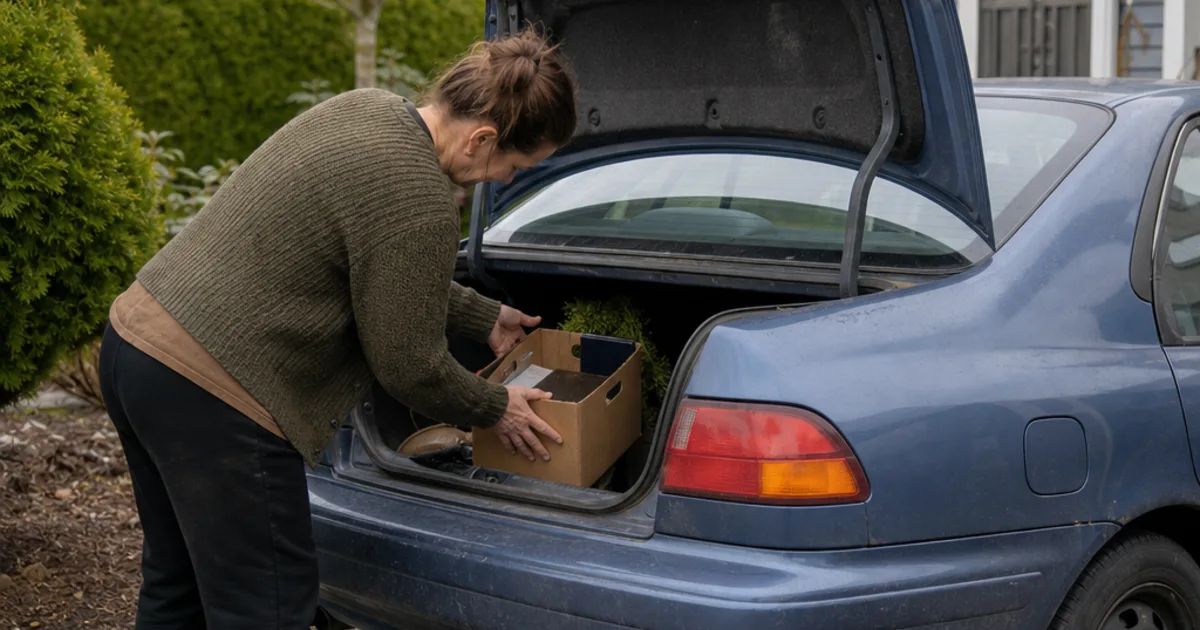 Person gathering belongings from the open trunk of an older sedan