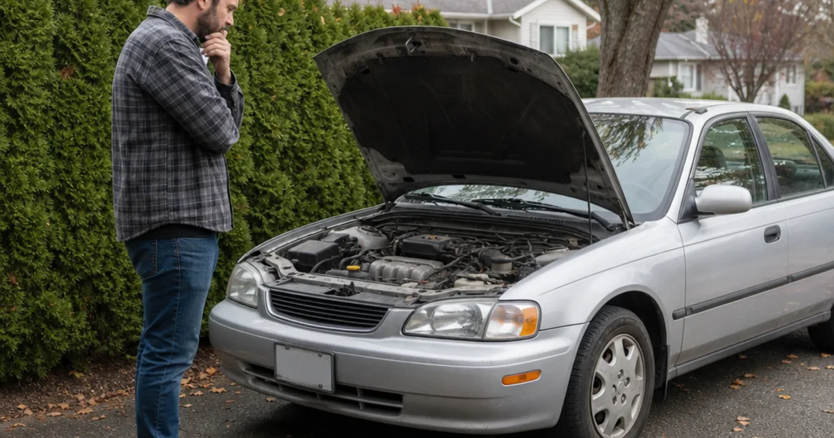 Owner considering an older sedan with its hood open in a residential driveway