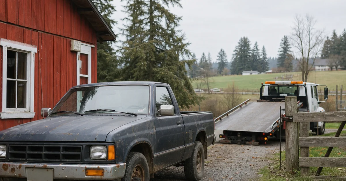 Older pickup beside a barn with an open gate and gravel access lane on a rural property