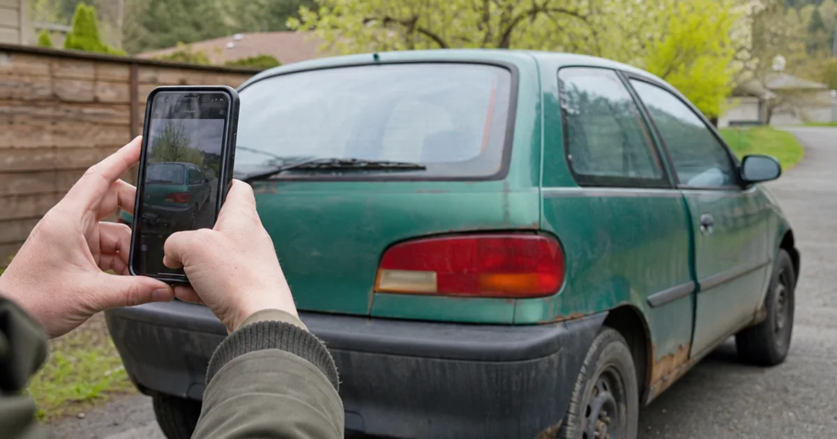 Person photographing an older hatchback to show its condition for a vehicle quote