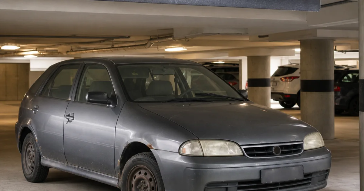 Older compact car parked beneath a low concrete ceiling in an underground parkade