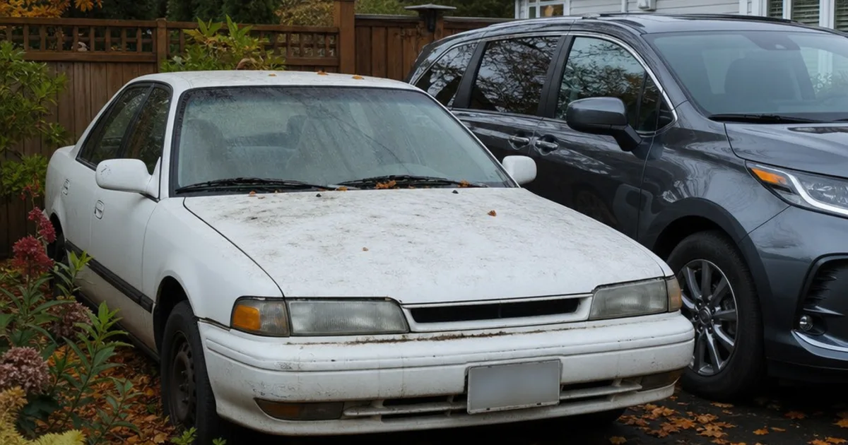 Older sedan with fallen leaves parked beside a newer family car on a driveway
