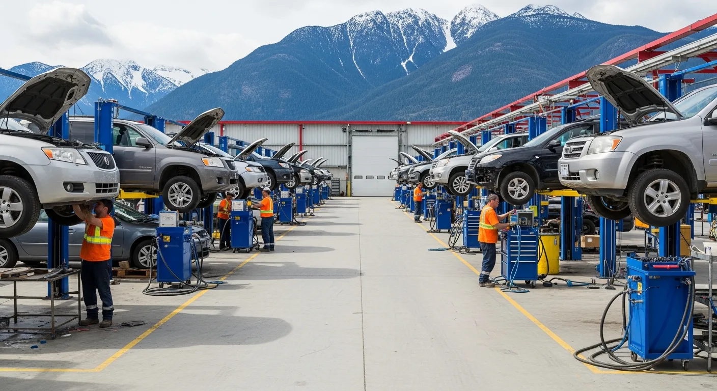 Organized automotive recycling and depollution facility in British Columbia processing end-of-life vehicles responsibly with BC mountains in the background