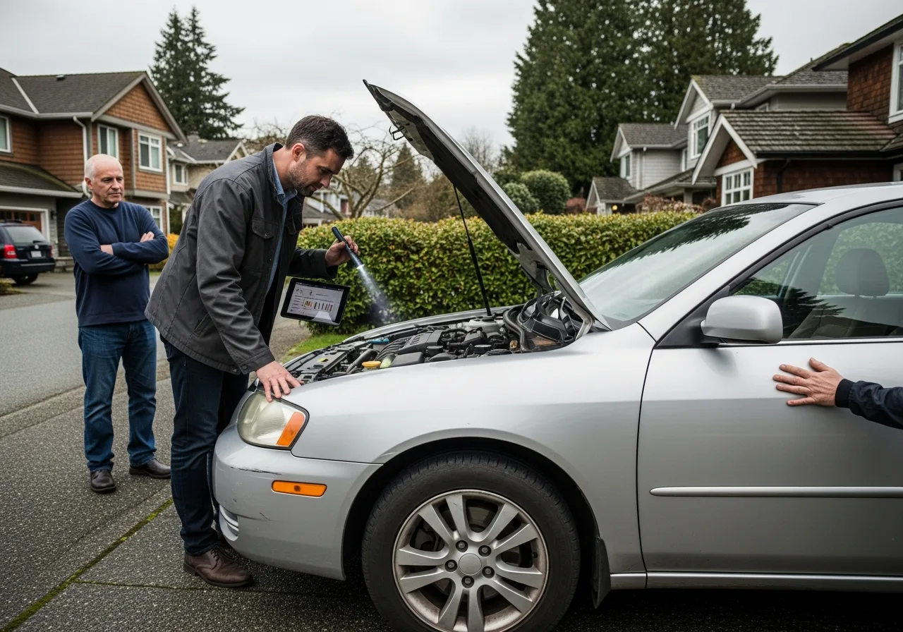 Professional vehicle buyer inspecting a used sedan on a Vancouver BC driveway to assess its value for a competitive cash offer