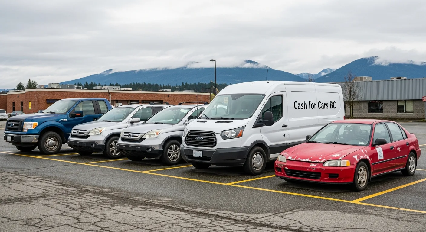 A row of different vehicles including pickup trucks, SUVs, vans and sedans parked in a BC commercial lot — all types accepted for cash removal service in Vancouver