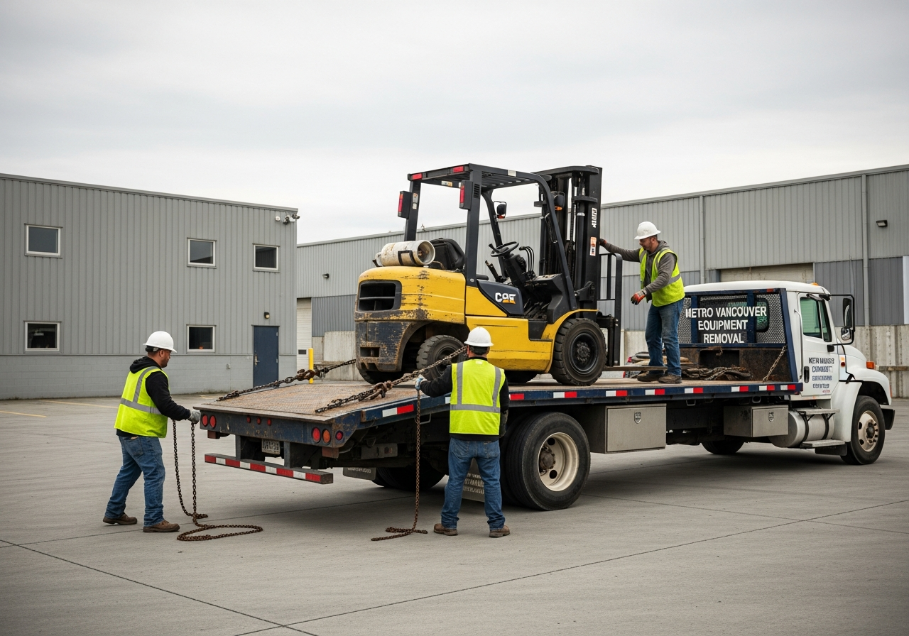 Professional forklift pickup and removal crew loading a propane forklift onto a flatbed truck at a commercial property in Metro Vancouver BC