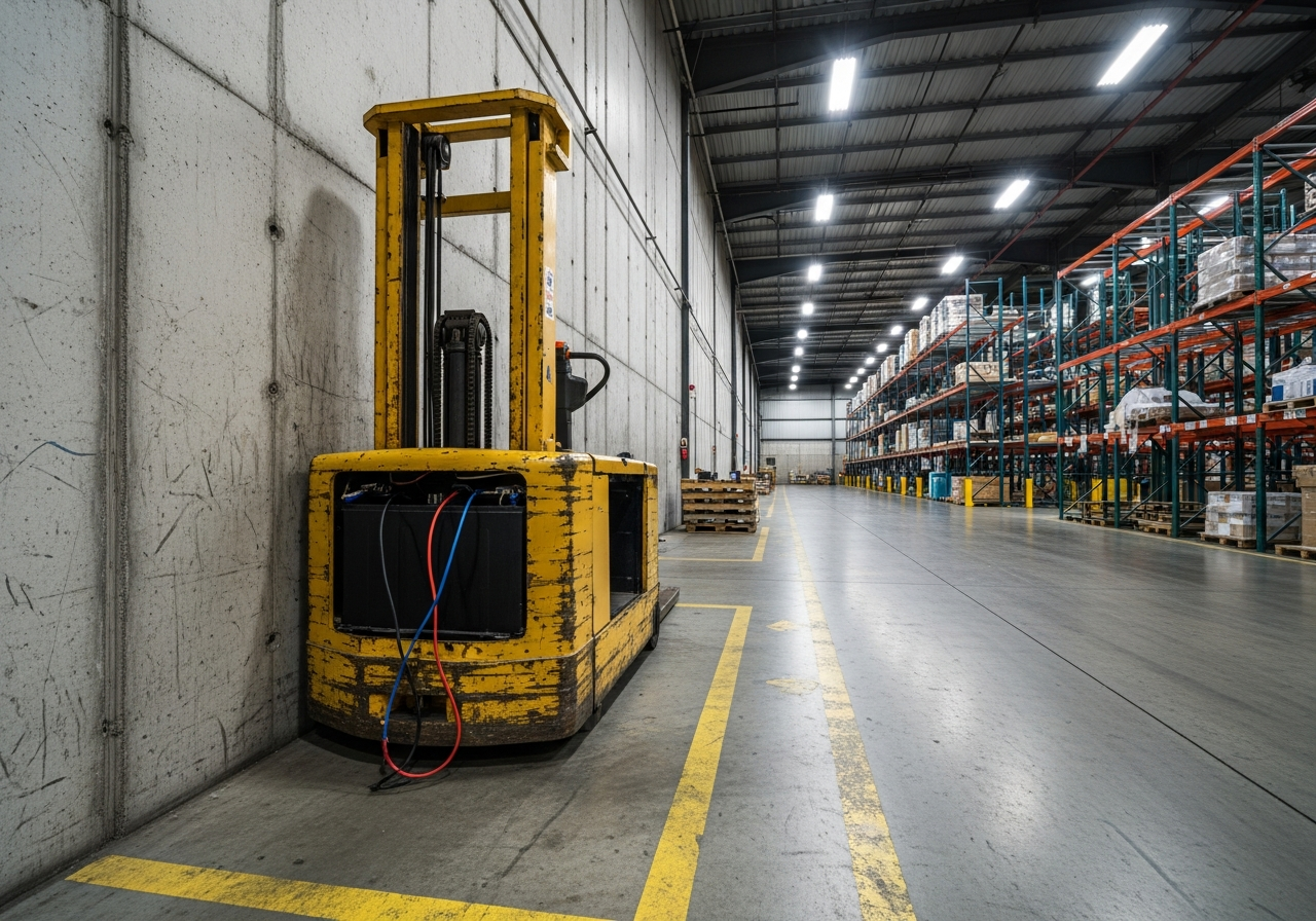 Old electric forklift with a dead battery sitting unused inside a commercial warehouse in BC, eligible for cash removal service