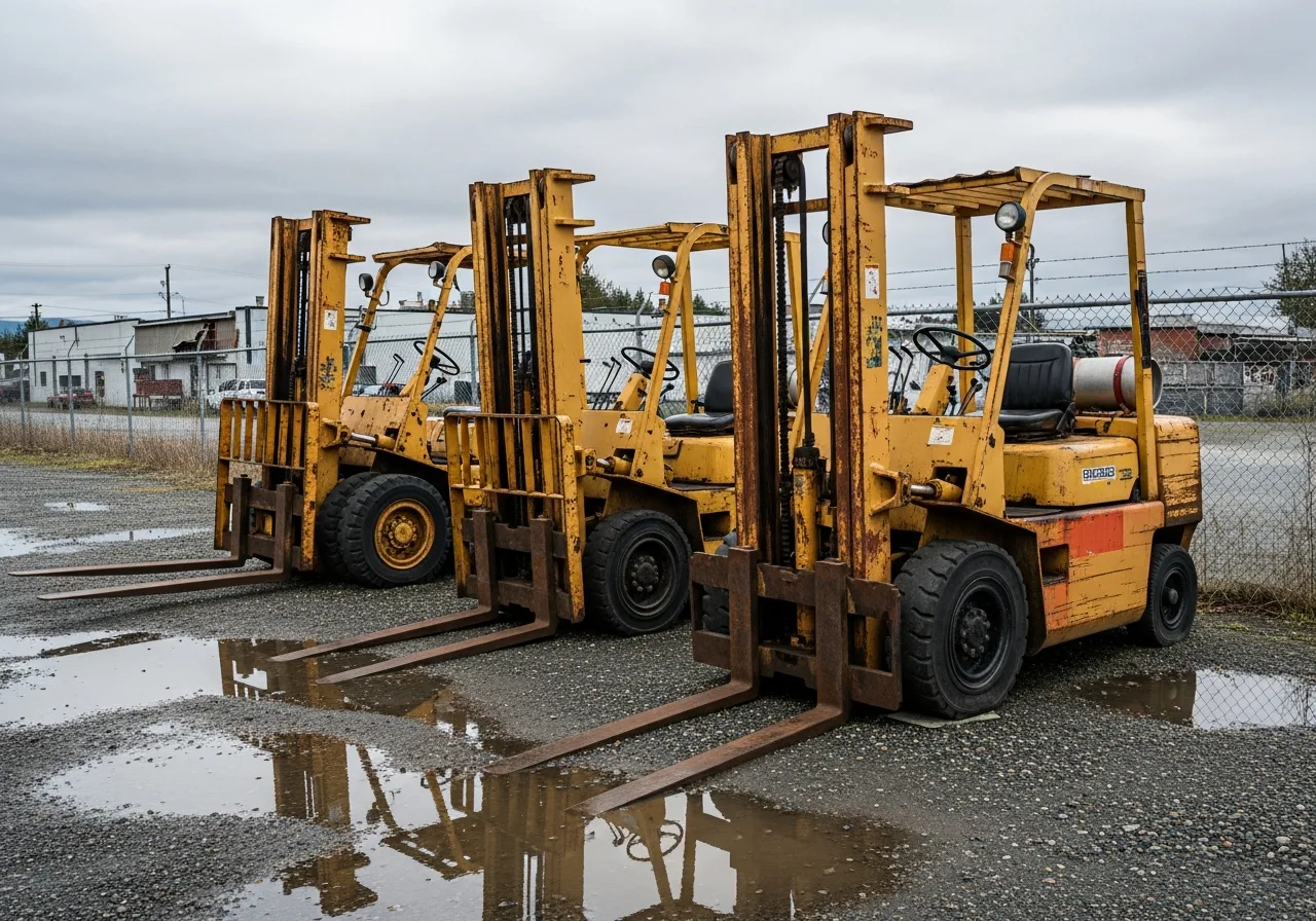 Old scrap and junk forklifts parked in an industrial salvage yard in BC, purchased by cash for forklift removal service in Metro Vancouver