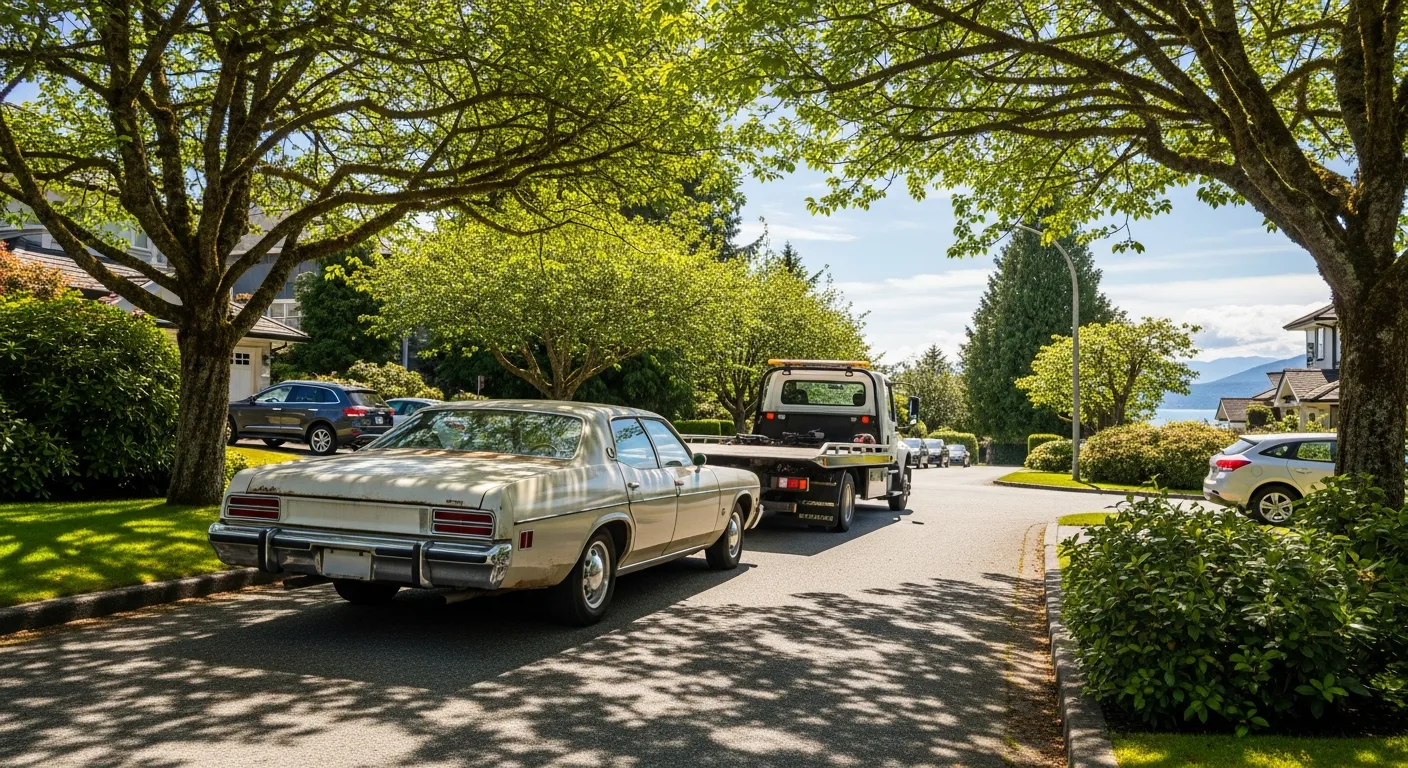 Old vehicle being removed from a Point Grey Vancouver driveway