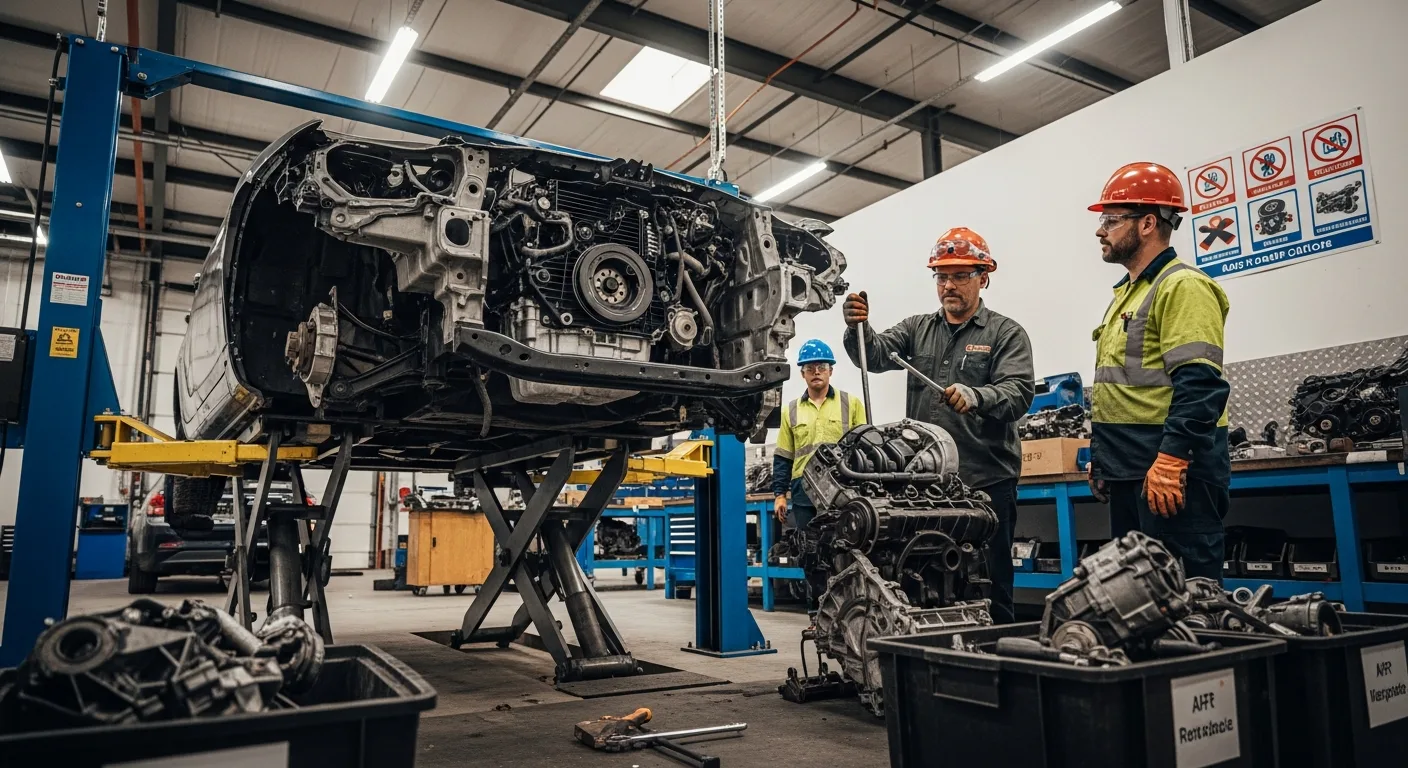Automotive recycling facility in BC — scrap vehicle being dismantled with engine components removed by certified technicians