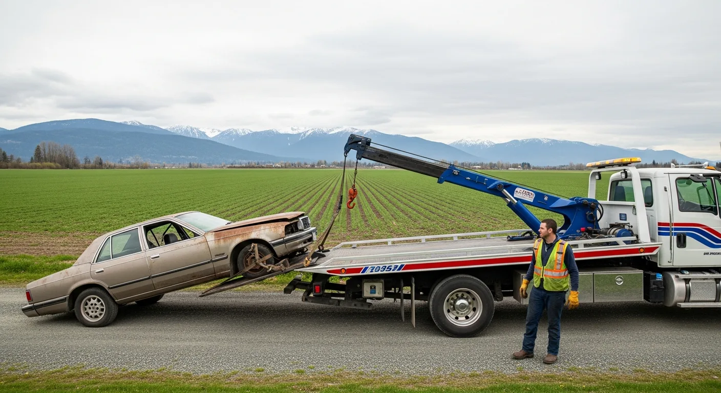 Tow truck collecting an unwanted scrap vehicle from an Abbotsford property