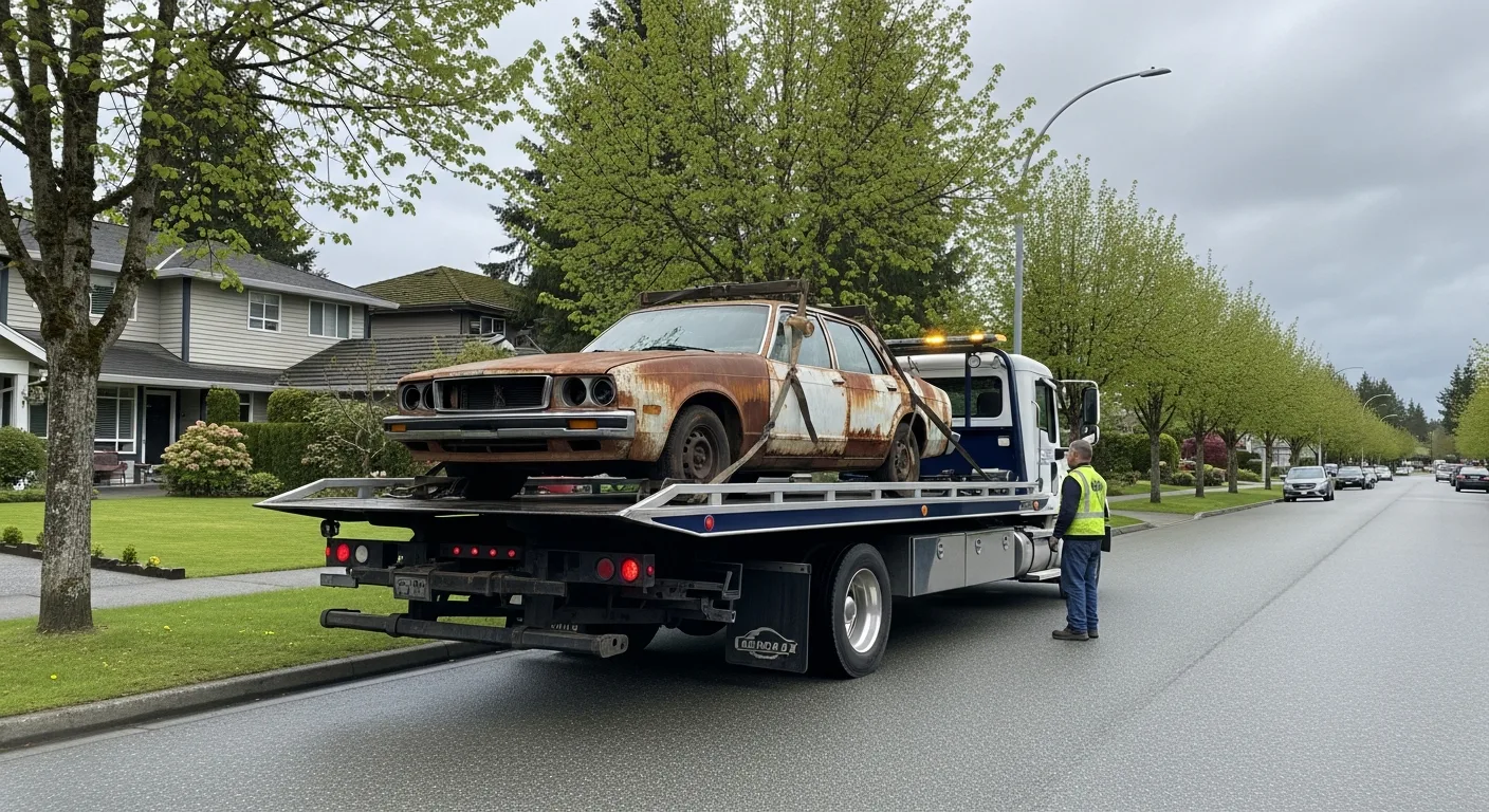 Tow truck removing a scrap car from a Burnaby property