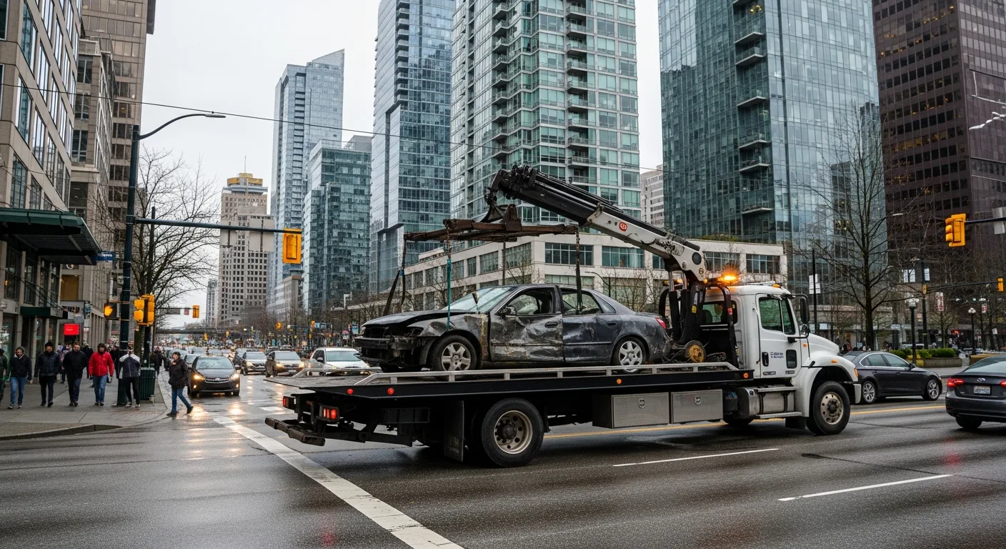 Scrap car removal tow truck in Downtown Vancouver