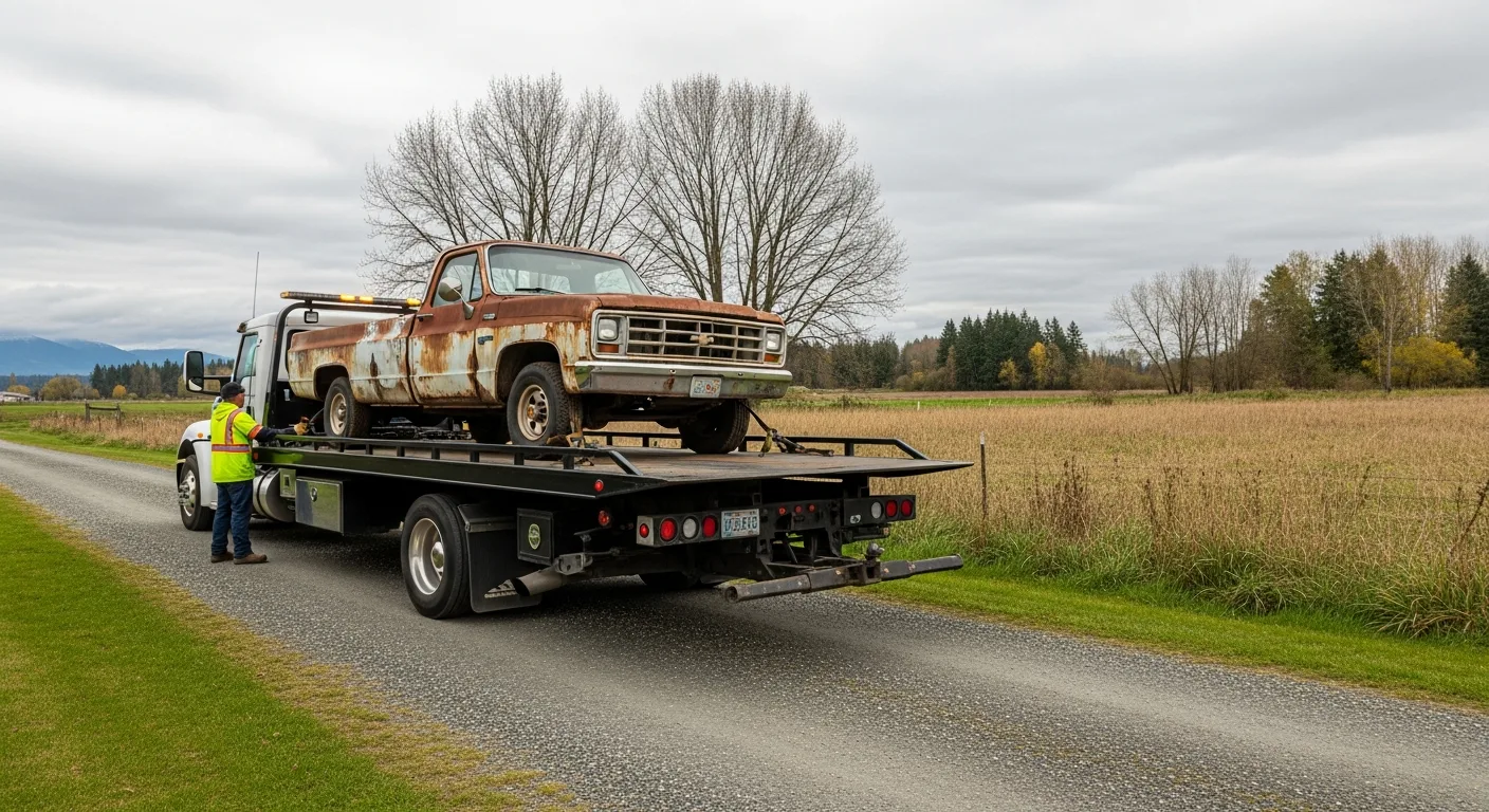 Tow truck removing an unwanted vehicle from a residential property in Langley BC