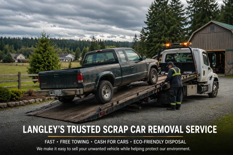 Tow truck driver loading a muddy pickup truck onto a flatbed in a rural Langley farm setting — Langley's trusted scrap car removal service