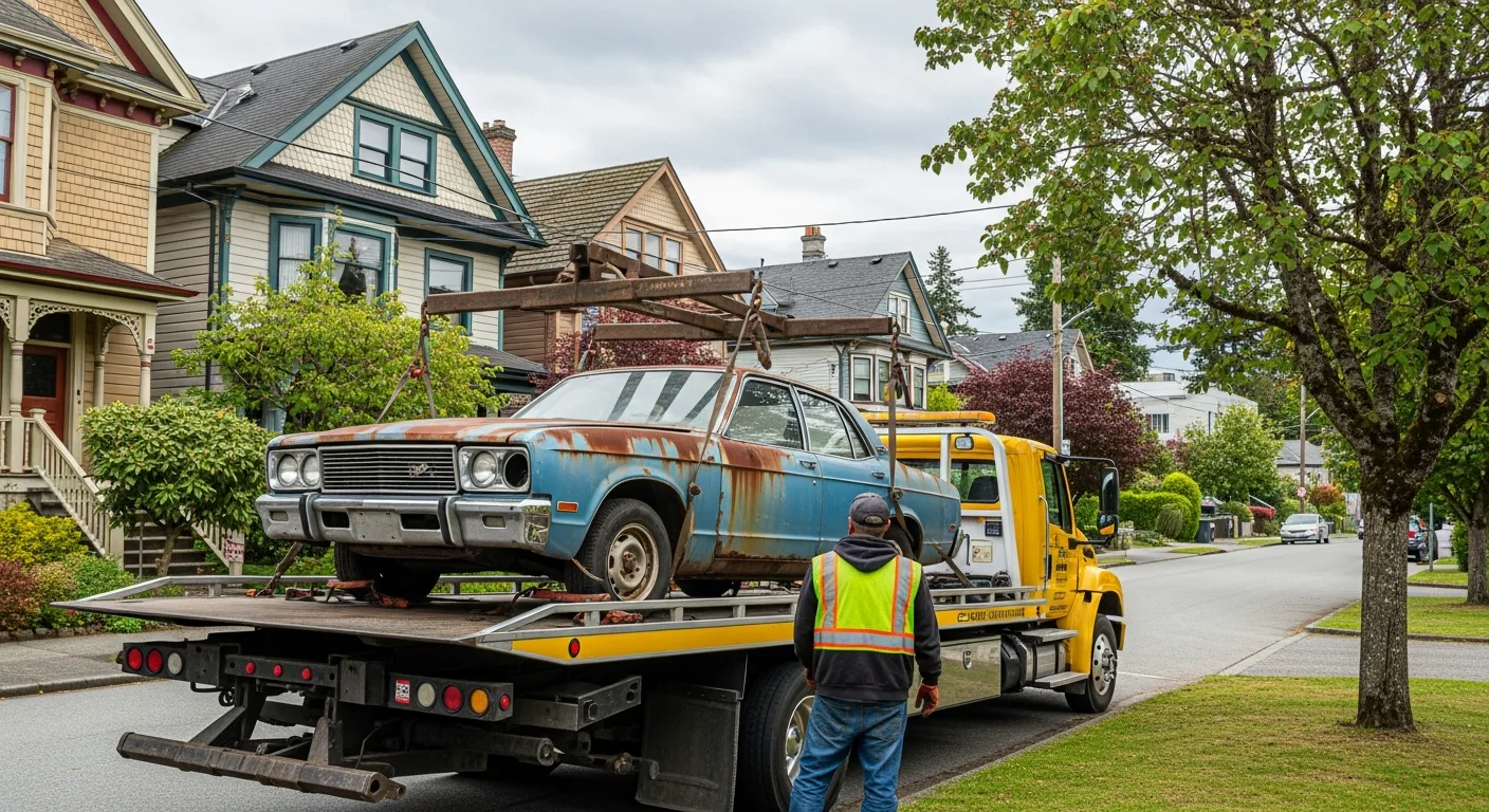 Tow truck removing a scrap car from a New Westminster property