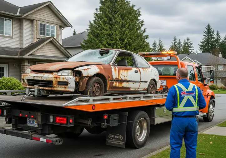 Scrap car being loaded onto a flatbed tow truck in a Whistler BC neighborhood